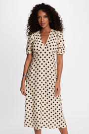 thumbnail: Ecru en zwarte dames Morgan wikkel- overslagjurk van viscose met stippenprint, korte mouwen en striksluiting