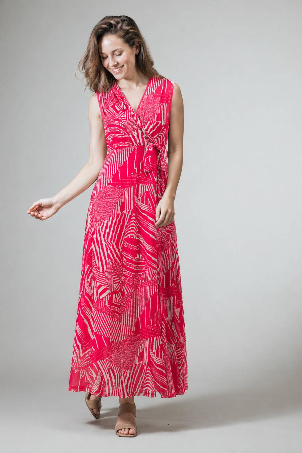 Roze en ecru dames LabeL DOT wikkel- overslagjurk van polyester met grafische print en V-hals