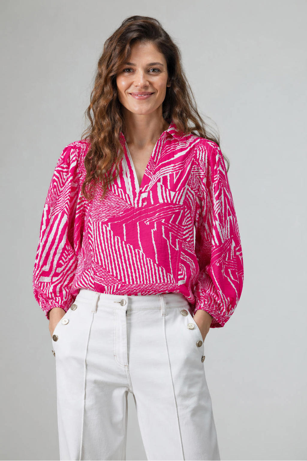Roze en ecru dames LabeL DOT blouse van polyester met lange mouwen en klassieke kraag