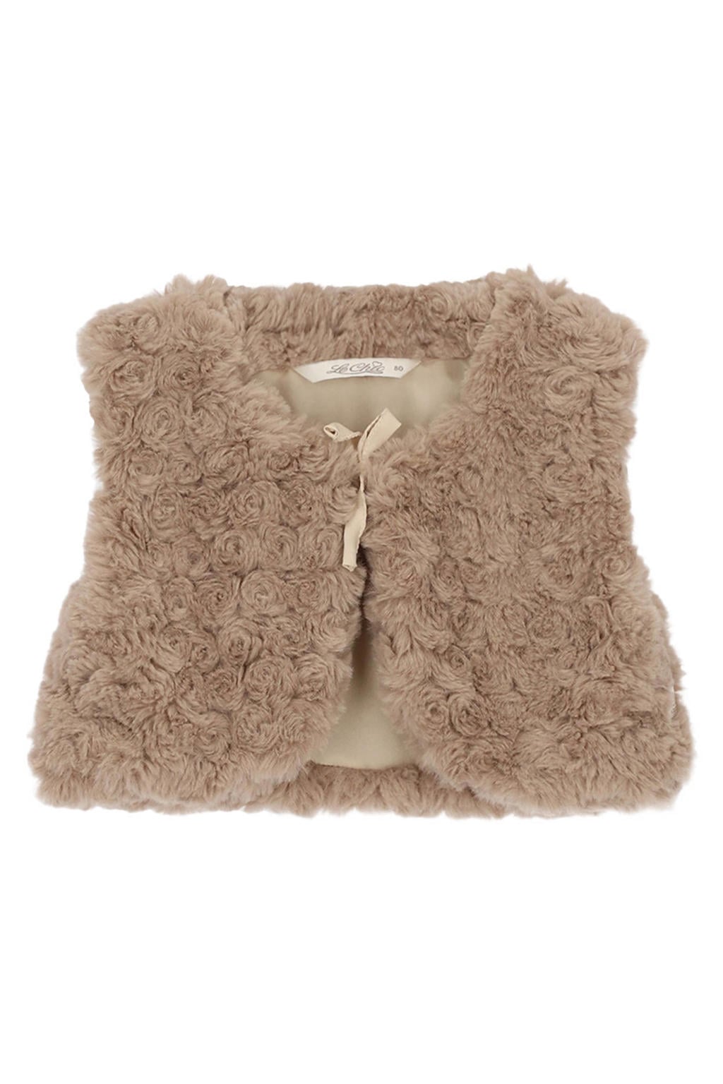 Zandkleurige meisjes Le Chic gilet van imitatiebont met V-hals en striksluiting