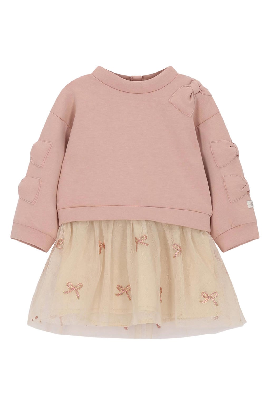 Roze meisjes Le Chic korte sweatjurk met sterren van katoen met lange mouwen, ronde hals en knoopsluiting