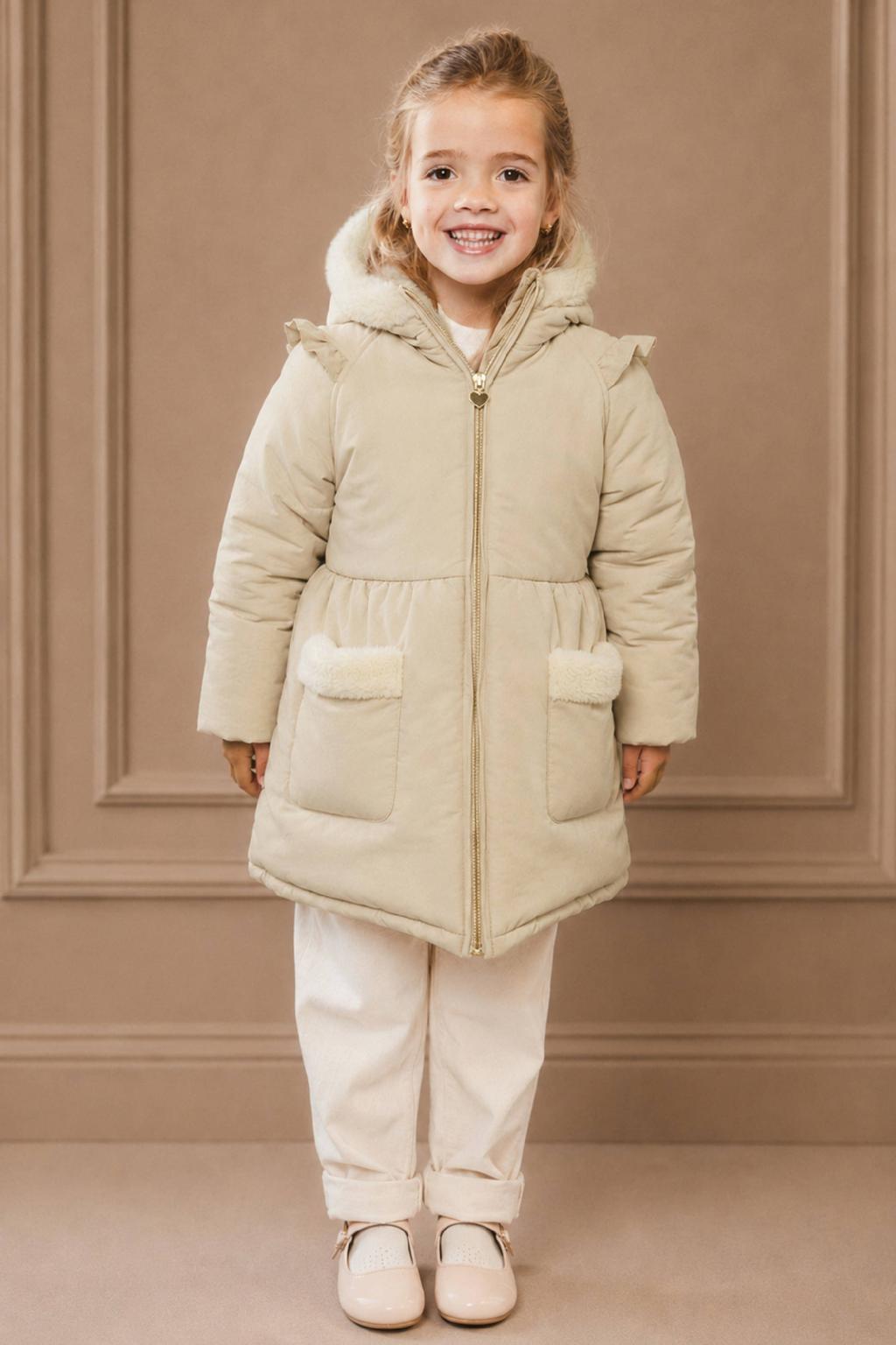 Beige meisjes Le Chic gewatteerde winterjas met lange mouwen, capuchon en ritssluiting