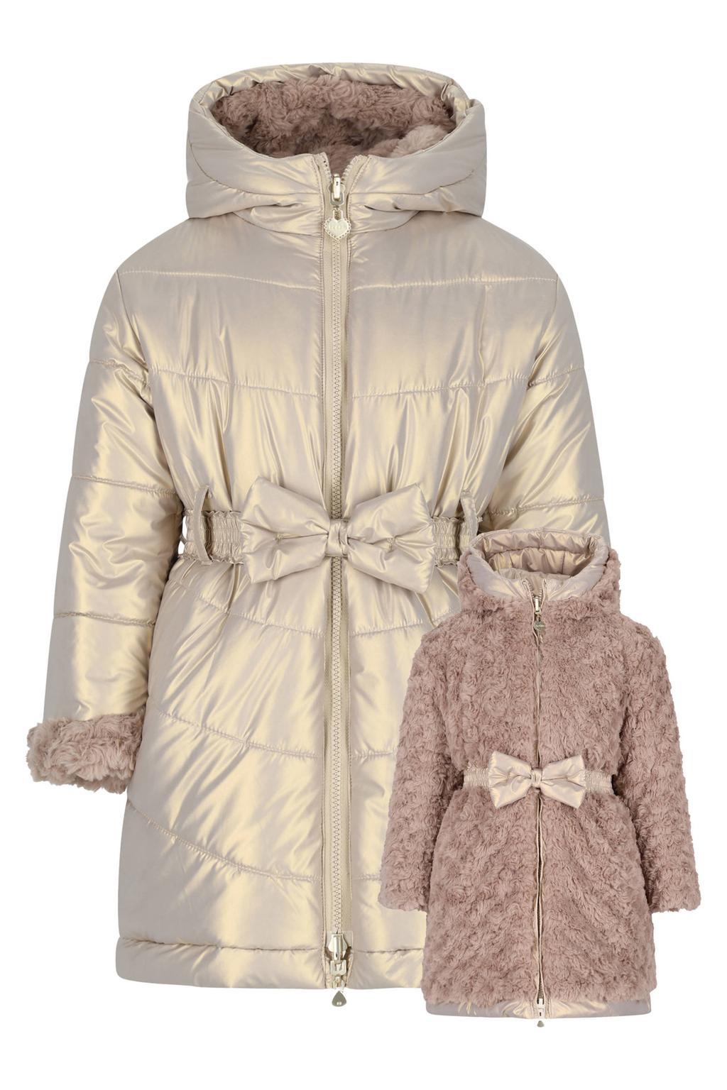 Goud en lichtbruine meisjes Le Chic reversible faux fur winterjas van polyester met lange mouwen, capuchon en ritssluiting
