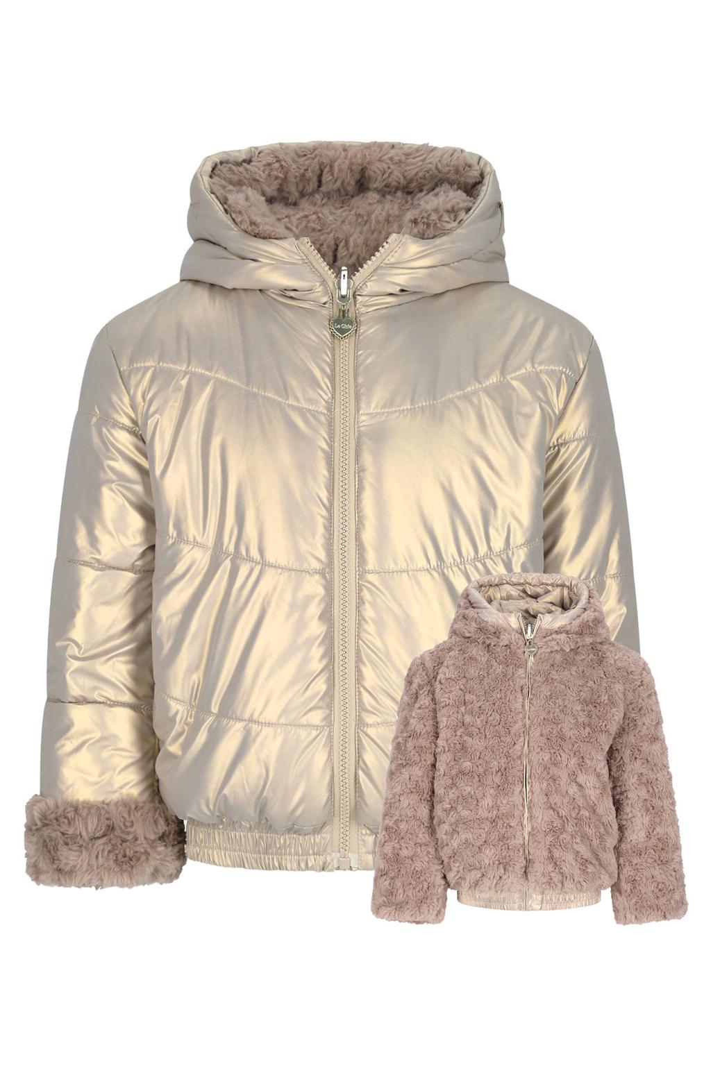 Goud en lichtbruine meisjes Le Chic reversibe faux fur winterjas van polyester met lange mouwen, capuchon en ritssluiting