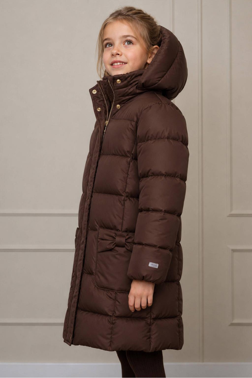 Donkerblauwe meisjes Le Chic gewatteerde winterjas van polyester met lange mouwen, capuchon en rits- en drukknoopsluiting