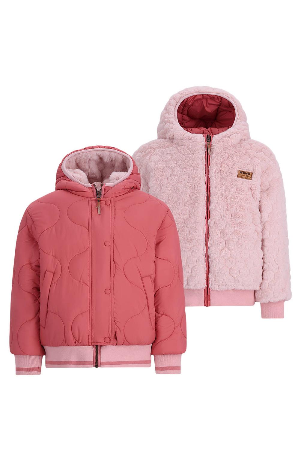 Roze meisjes NONO reversible faux fur jas van polyester met effen, lange mouwen, capuchon en rits- en drukknoopsluiting