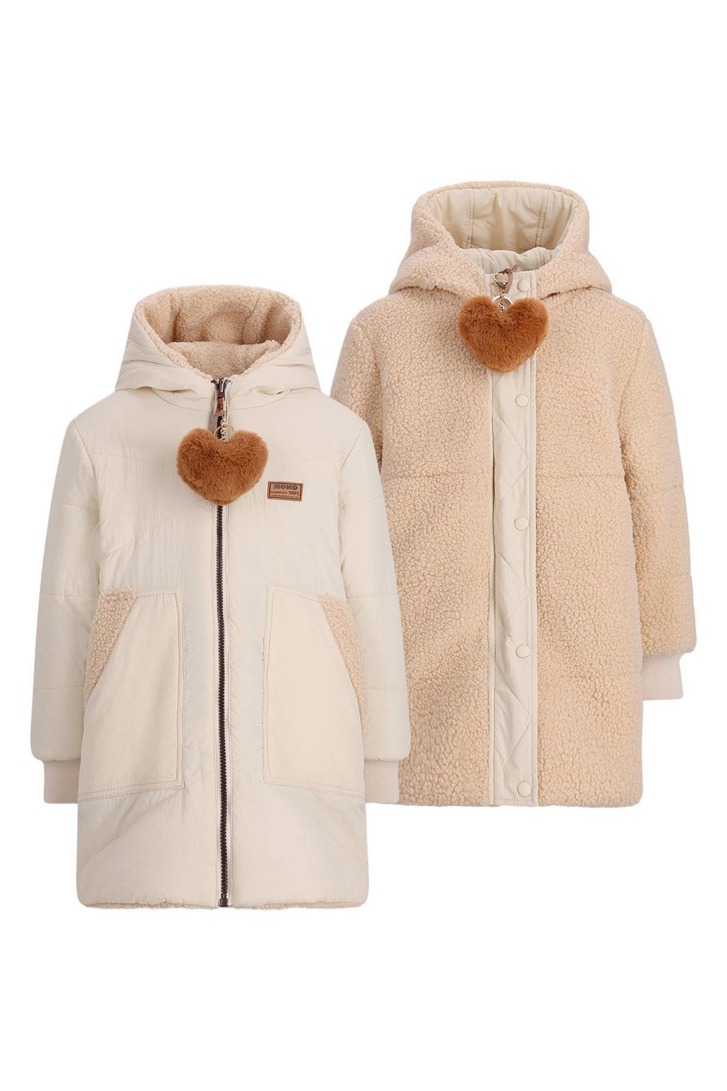 Ecru en witte meisjes NONO reversible teddy winterjas van polyester met effen, lange mouwen, capuchon en rits- en drukknoopsluiting