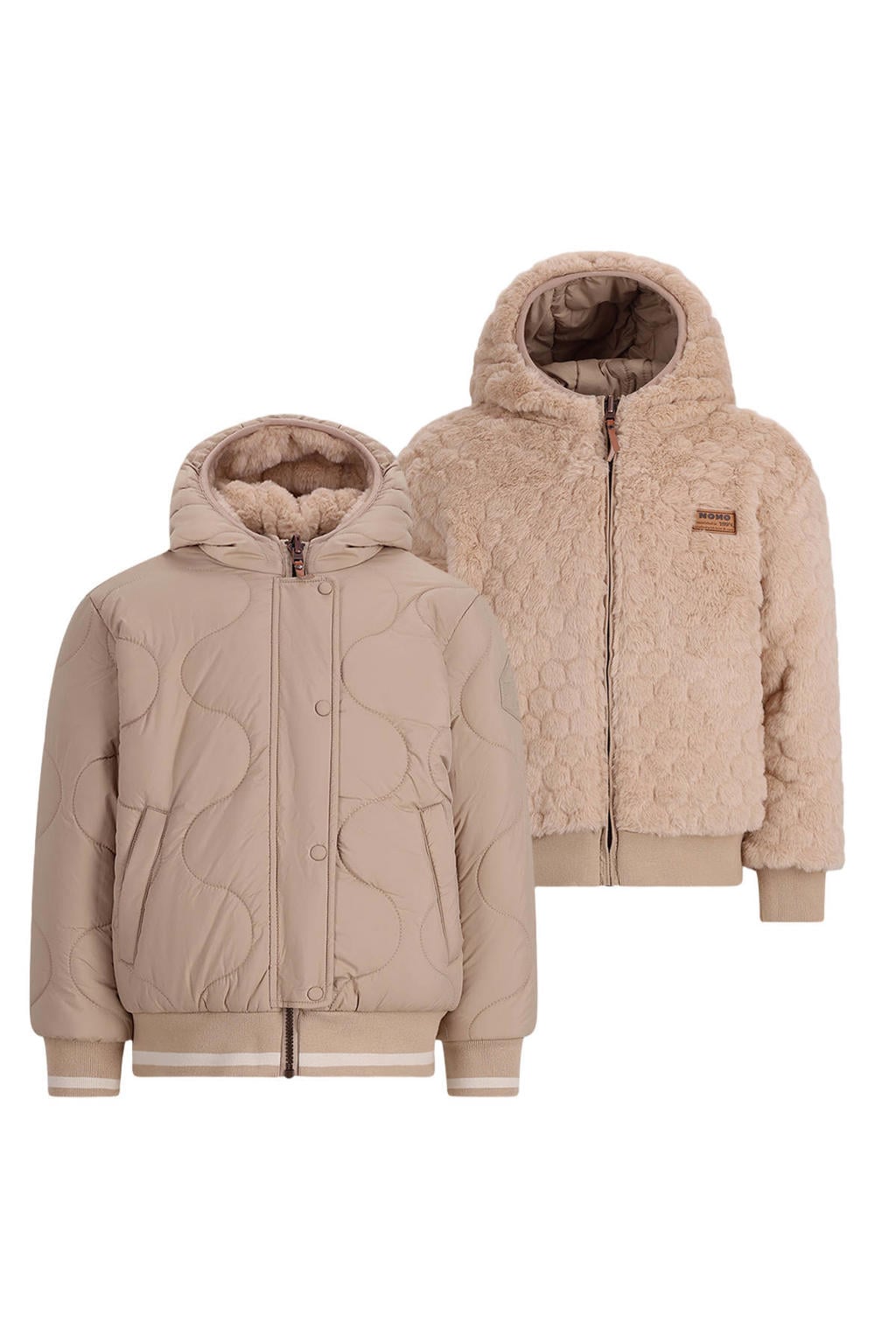 Lichtbruine meisjes NONO reversible faux fur winterjas van polyester met effen, lange mouwen, capuchon, rits- en drukknoopsluiting en elastische boord