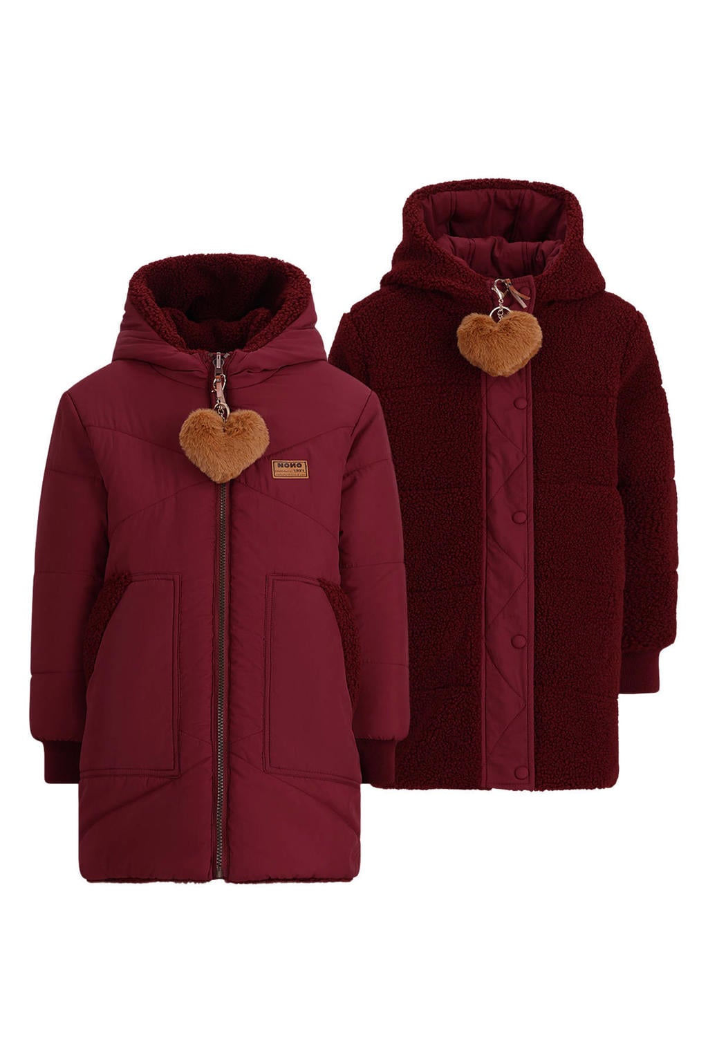 Donkerrode meisjes NONO reversible teddy winterjas van polyester met effen, lange mouwen, capuchon en rits- en drukknoopsluiting