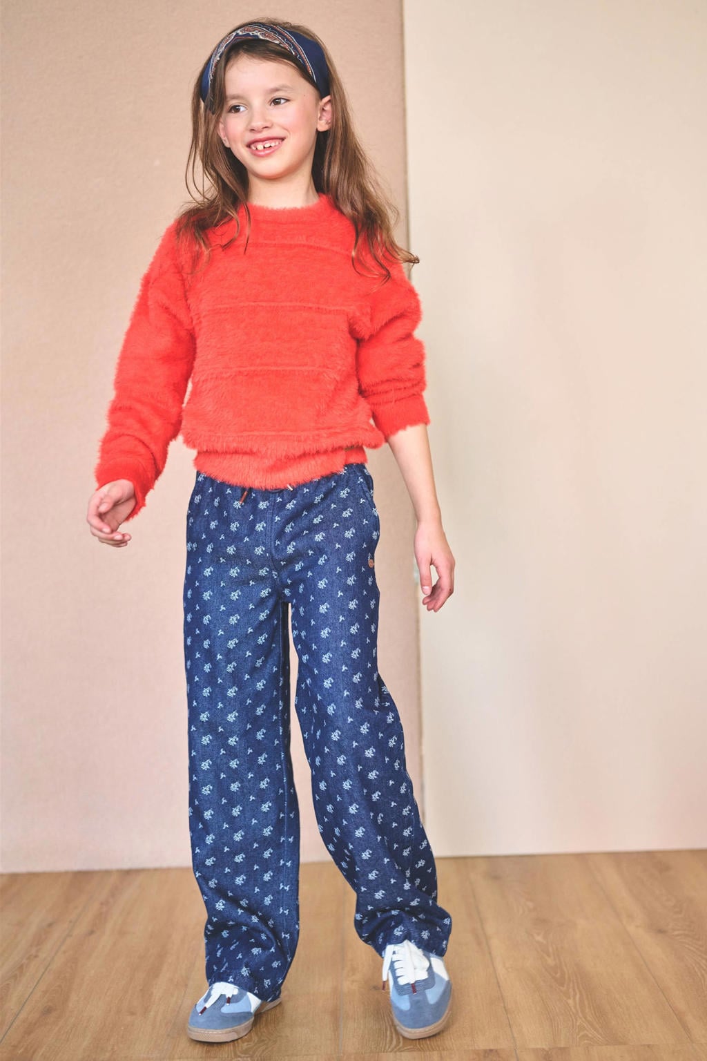 NONO denim regular fit gebloemde casual broek - donkerblauw