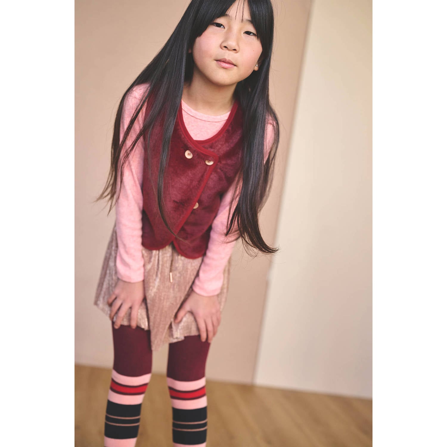 NONO plissé midi jurk roze bruin