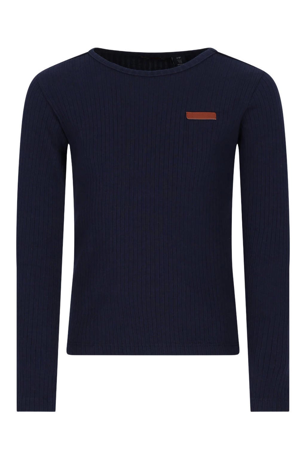 Donkerblauwe meisjes NONO longsleeve van katoen met effen, lange mouwen, ronde hals en rib gebreide details