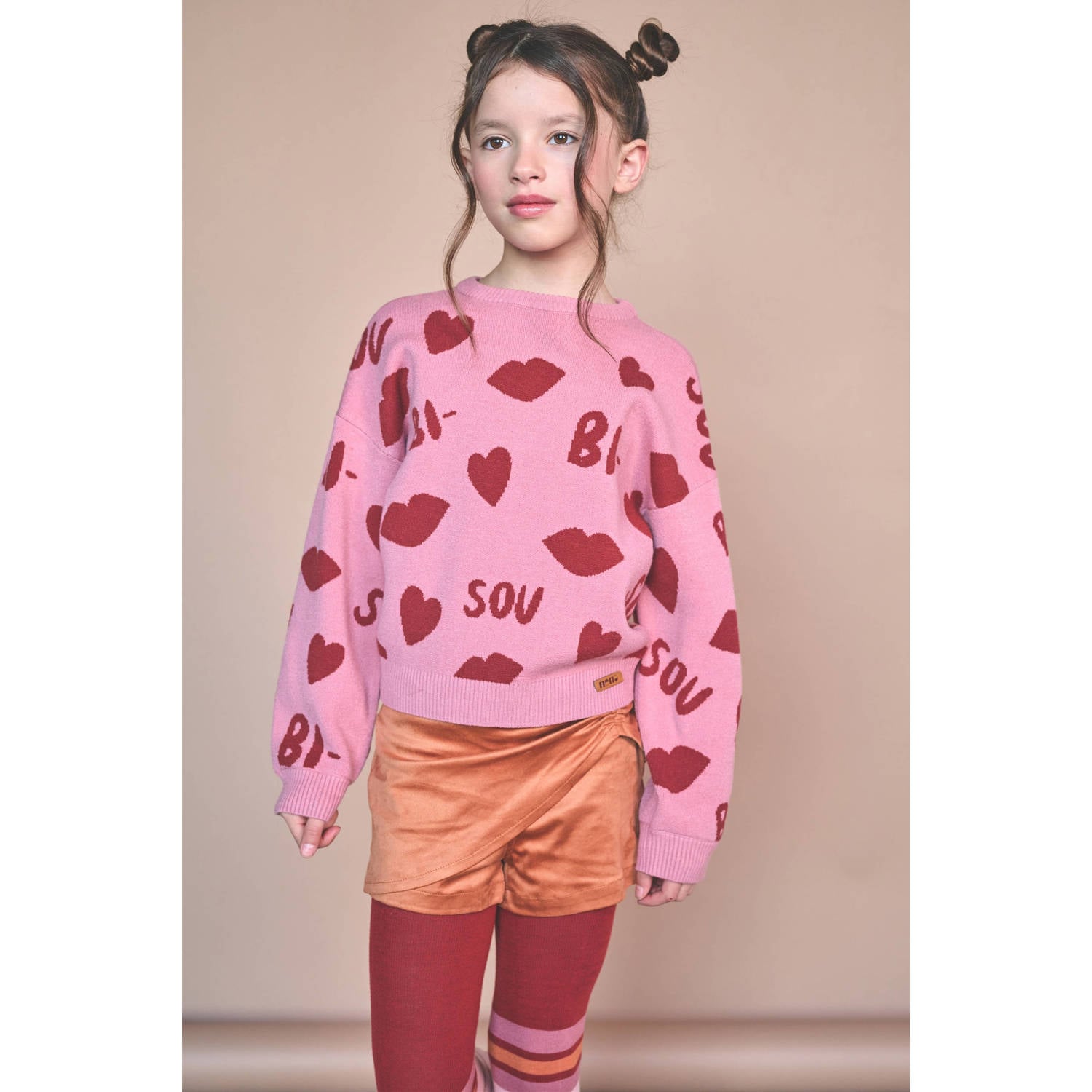 NONO gebreide trui met hartjes roze rood
