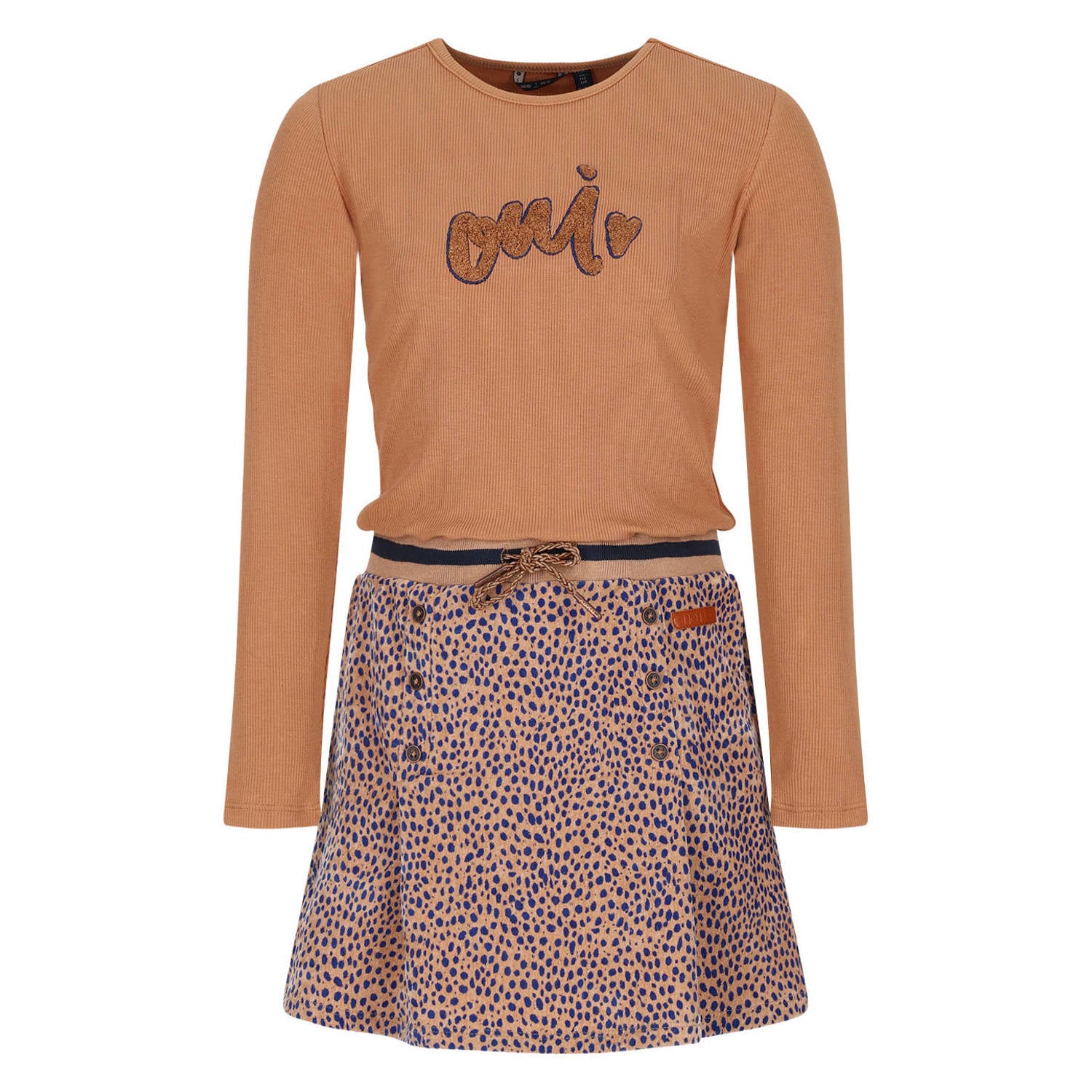 NONO midi jurk met tekst bruin blauw