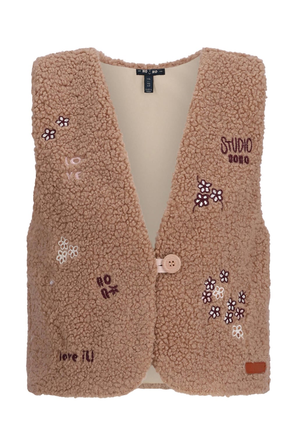 Taupe meisjes NONO teddy gilet met V-hals en knoopsluiting