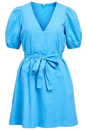 broderie korte jurk met ceintuur - blauw