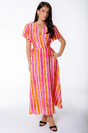 viscose maxi gestreepte wikkeljurk - roze