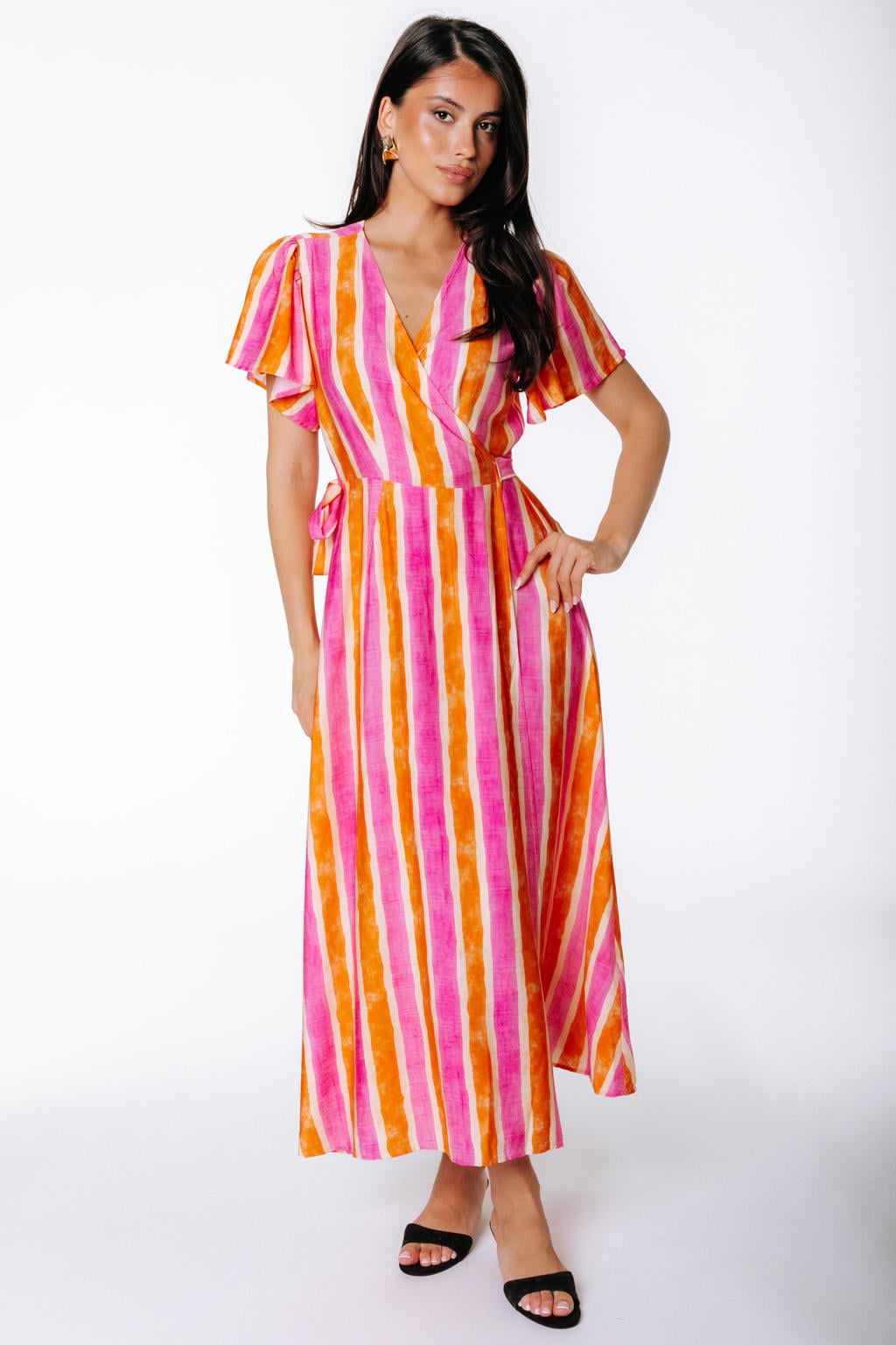 Colourful Rebel viscose maxi gestreepte wikkeljurk - roze