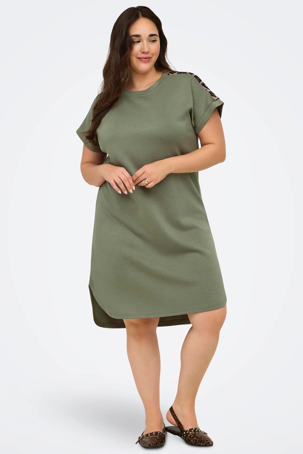 Groene dames ONLY CARMAKOMA T-shirtjurk Plus Size van polyester met meerkleurige print en korte mouwen