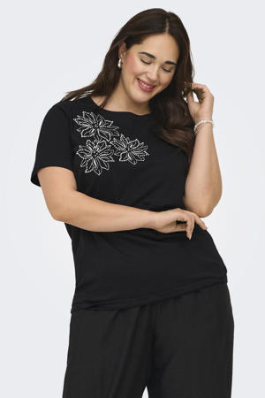 rechtvallend T-shirt Plus Size met borduursels en print - zwart
