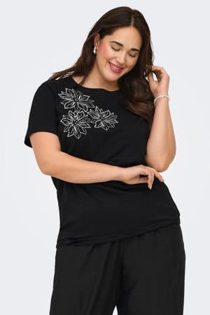 rechtvallend T-shirt Plus Size met borduursels en print - zwart