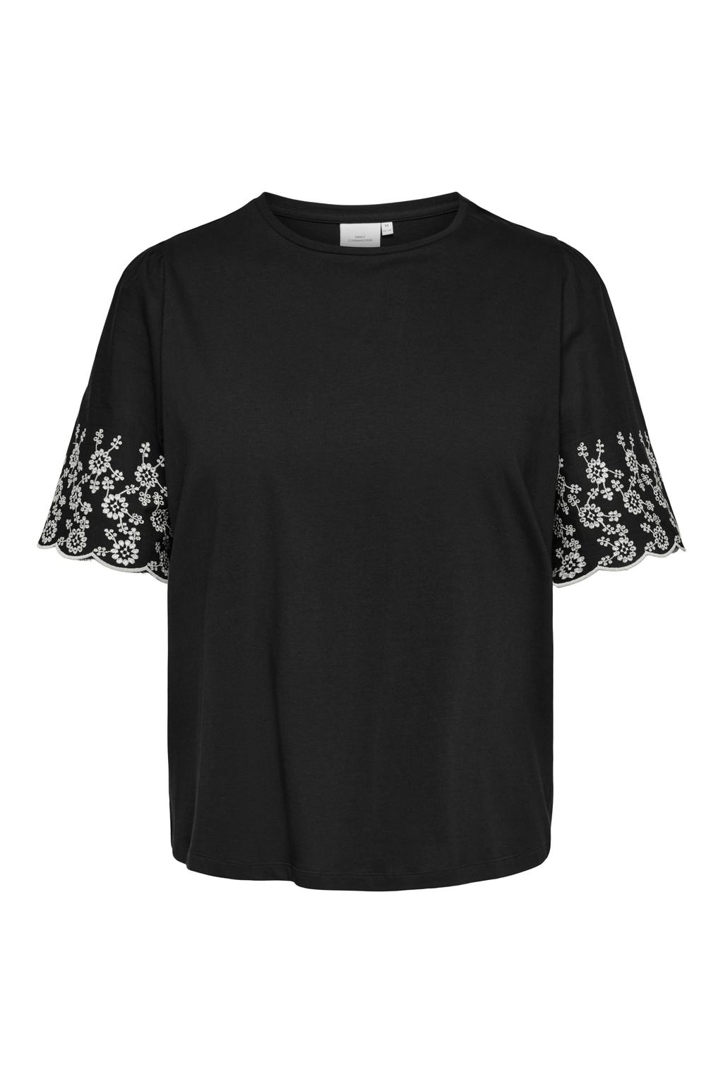 Zwarte dames ONLY CARMAKOMA rechtvallend T-shirt Plus Size van katoen met effen en korte mouwen
