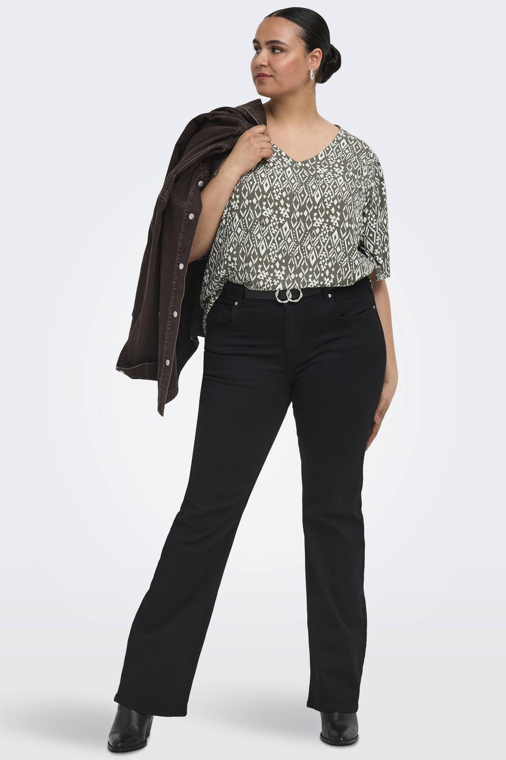 Kaki en ecru dames ONLY CARMAKOMA blousetop Plus Size van viscose met korte mouwen