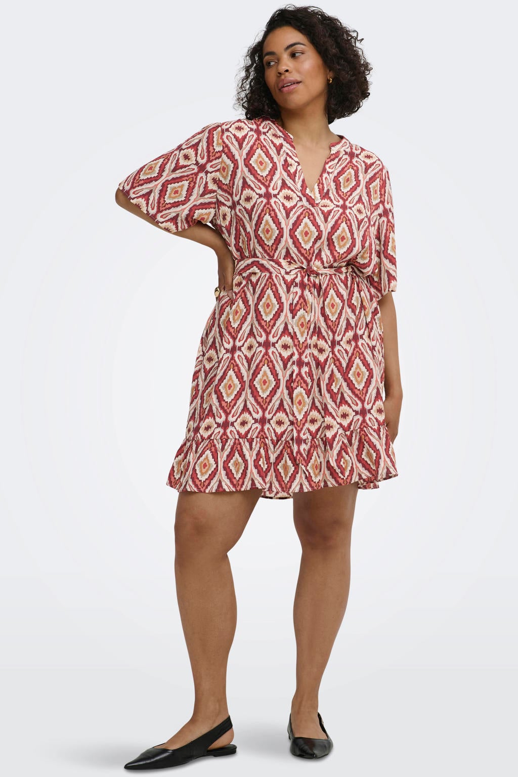 Rood en ecru dames ONLY CARMAKOMA viscose zomerjurk Plus Size met korte mouwen en striksluiting