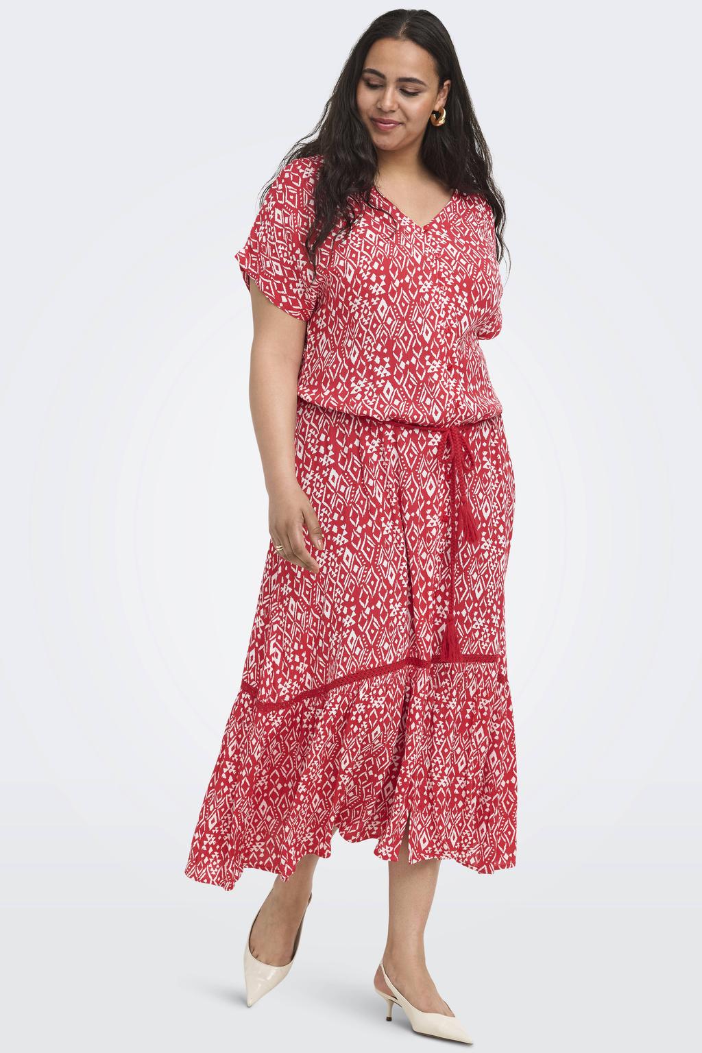 Rode dames ONLY CARMAKOMA maxi jurk Plus Size van viscose met korte mouwen