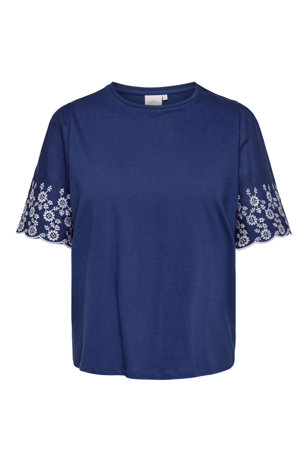 Blauwe dames ONLY CARMAKOMA T-shirt Plus Size van katoen met effen en korte mouwen