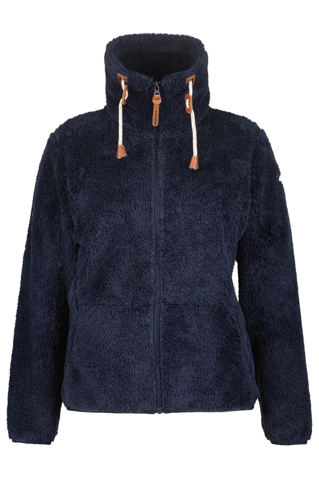 Donkerblauwe dames Icepeak Colony rechtvallend teddy outdoorvest van polyester met melée print, lange mouwen, opstaande kraag en ritssluiting