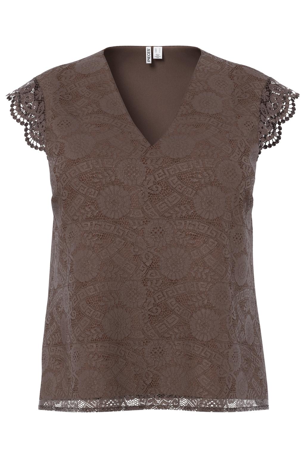 Bruine dames PIECES Curve kanten rechtvallende top Plus Size met effen, korte mouwen en geweven detail