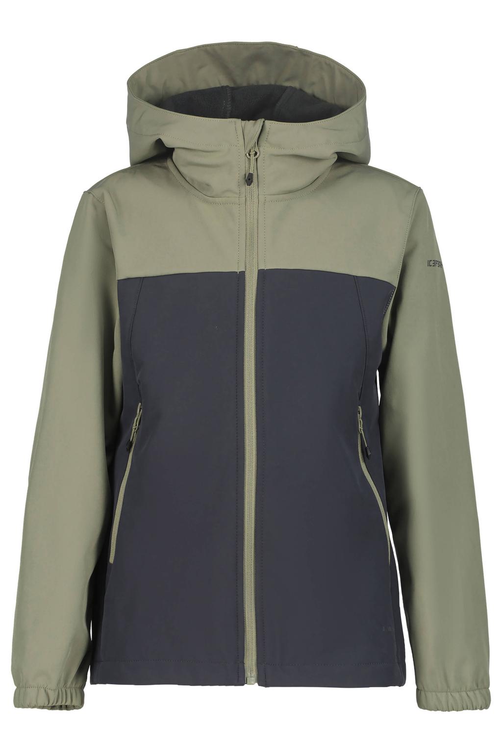 Antraciet en lichtgroene jongens Icepeak junior softshelljas met effen, lange mouwen, capuchon en ritssluiting