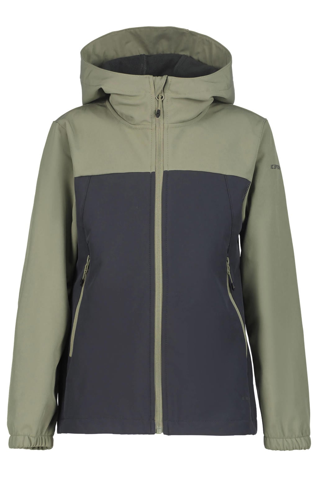 Antraciet en lichtgroene jongens Icepeak junior softshelljas met effen, lange mouwen, capuchon en ritssluiting