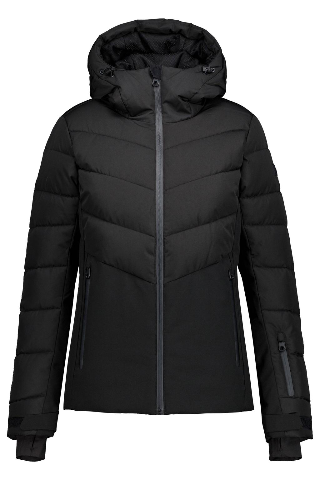 Zwarte dames Icepeak Ellinwood ski-jas van polyester met meerkleurige print, capuchon en ritssluiting