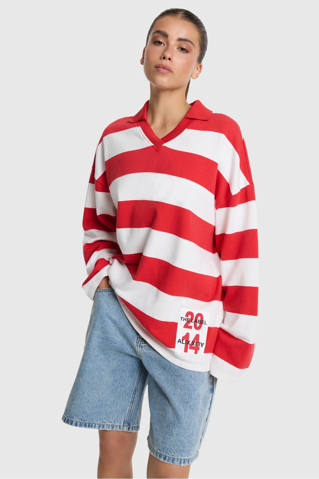 Rode dames Alix the Label katoenen gestreepte sweater met lange mouwen en V-hals