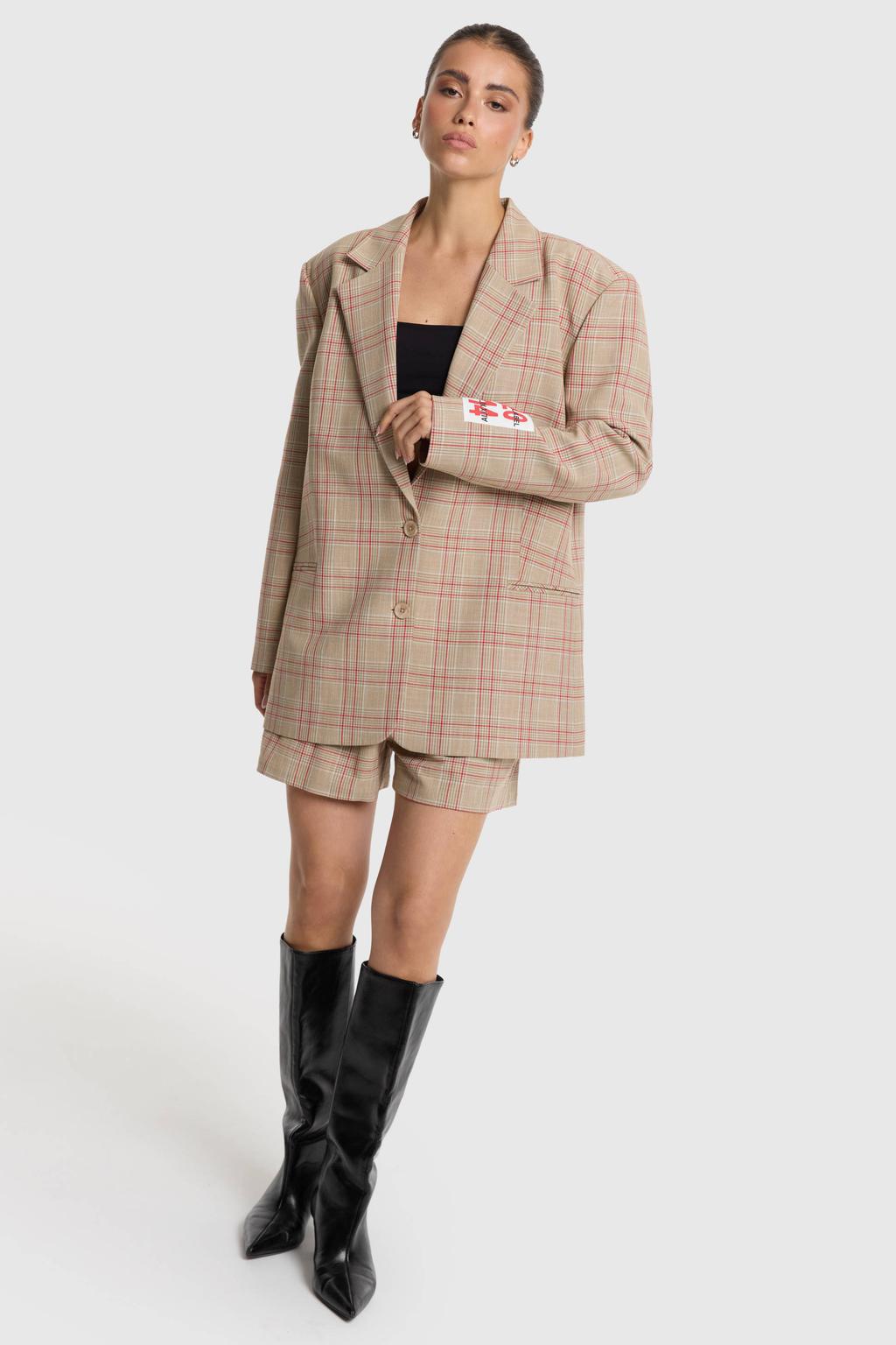 Crème dames Alix the Label geruite oversized blazer crème met lange mouwen, klassieke kraag en knoopsluiting