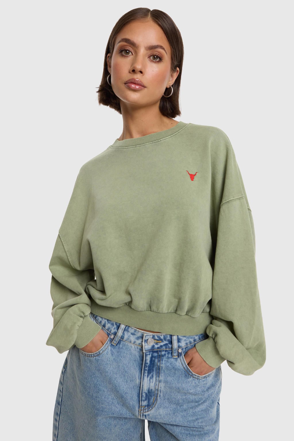 Groene dames Alix the Label katoenen sweater met lange mouwen en ronde hals