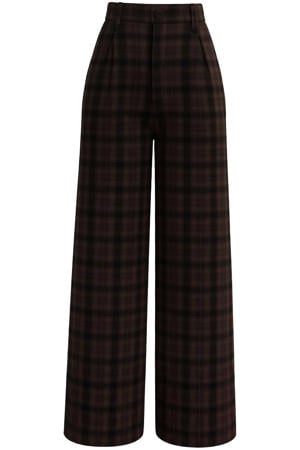 wide leg geruite pantalon Plus Size met linnen - bruin