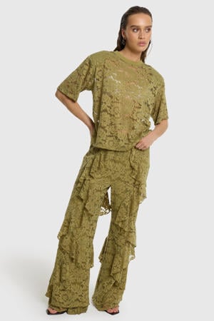 wide leg regular waist gebloemde broek groen