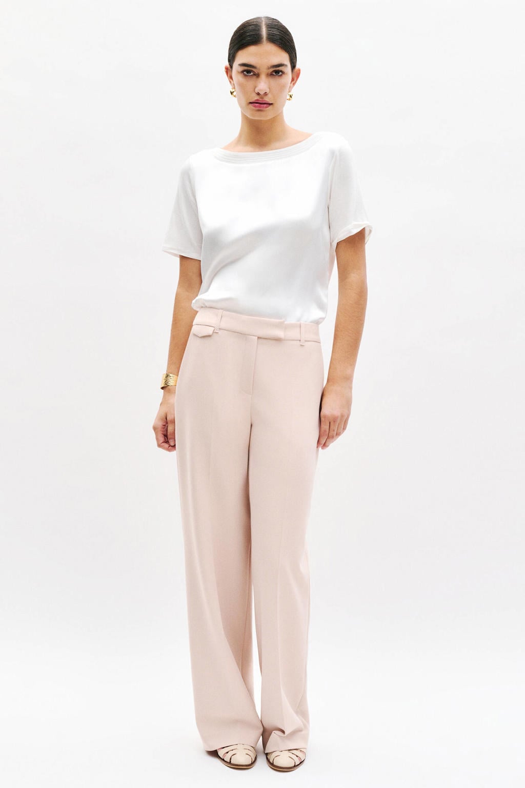 Ecru dames Caroll top van polyester met effen, half lange mouwen en boothals