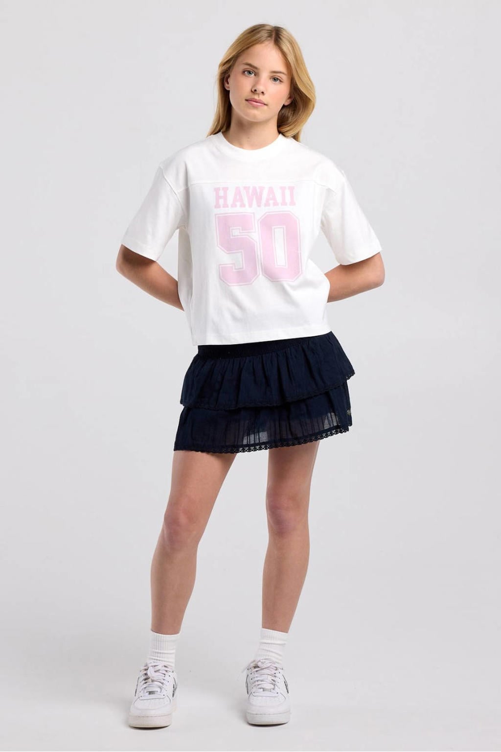 America Today midi strokenrok met smockwerk - donkerblauw