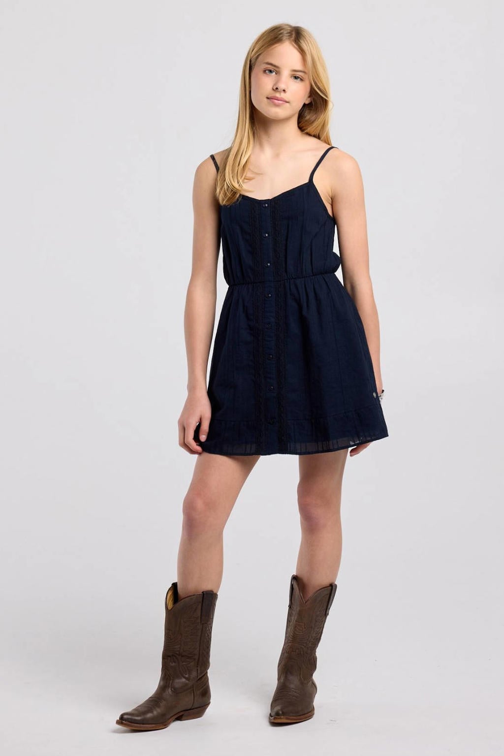America Today broderie midi zomerjurk - donkerblauw