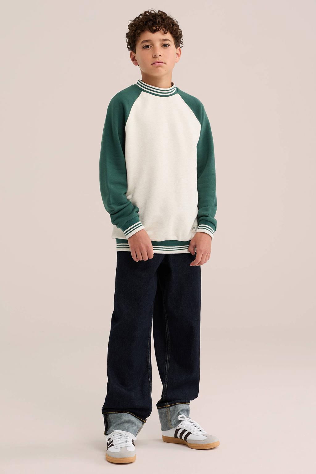 Donkergroen en grijze jongens WE Fashion gemêleerde sweater met meerkleurige print, lange mouwen, ronde hals en geribde boorden