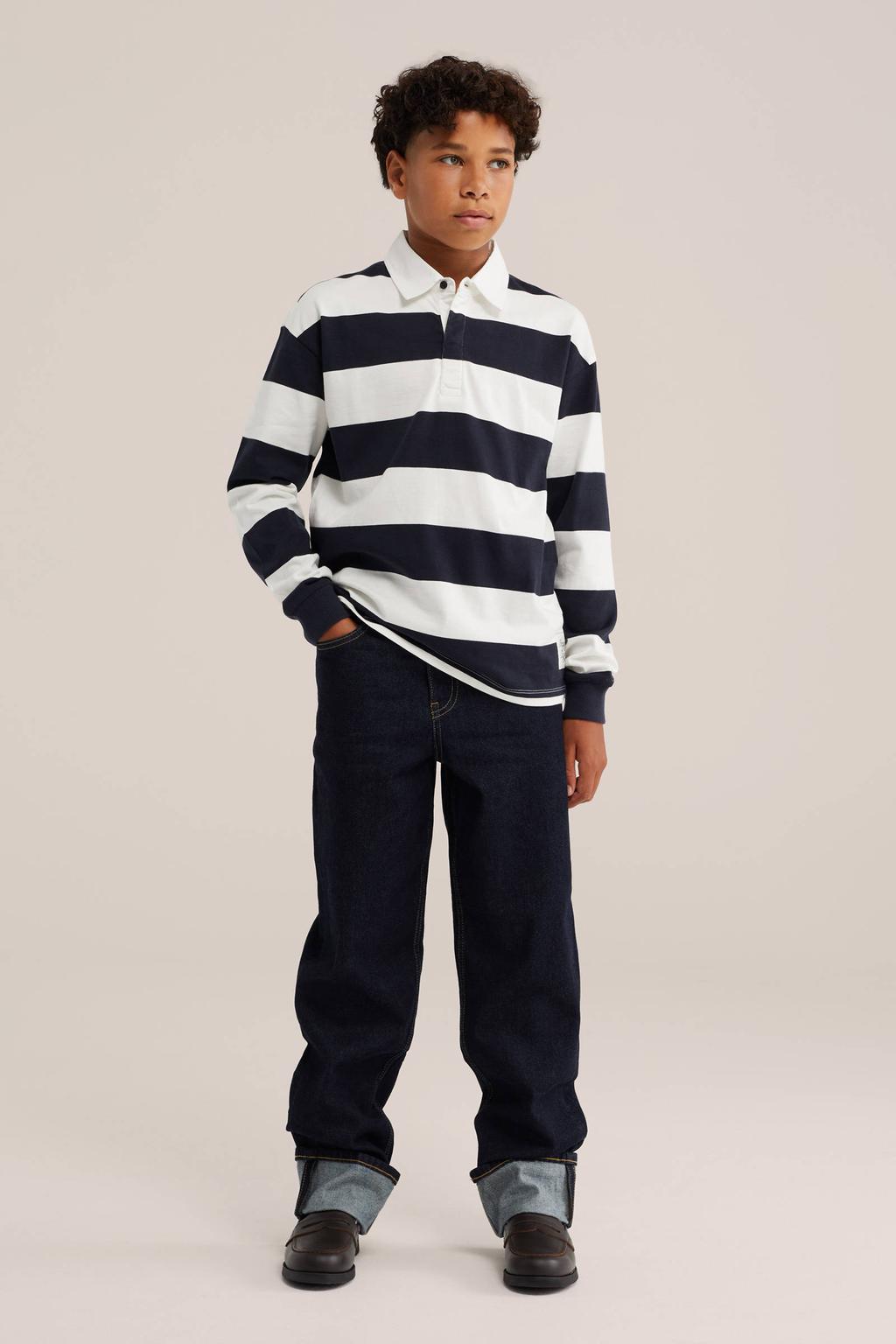 Donkerblauw en witte jongens WE Fashion gestreepte polo van katoen met lange mouwen en knoopsluiting