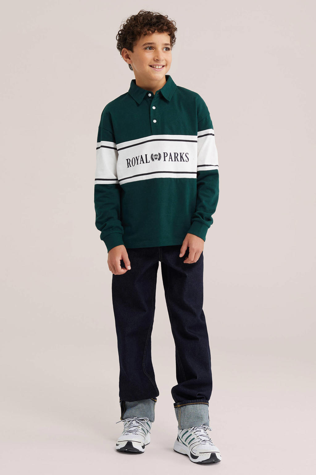 WE Fashion gestreepte longsleeve met tekst - groen/wit