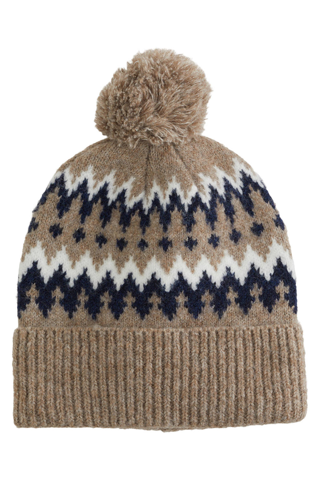 WE Fashion muts met wol, pompons en print - beige/donkerblauw/wit