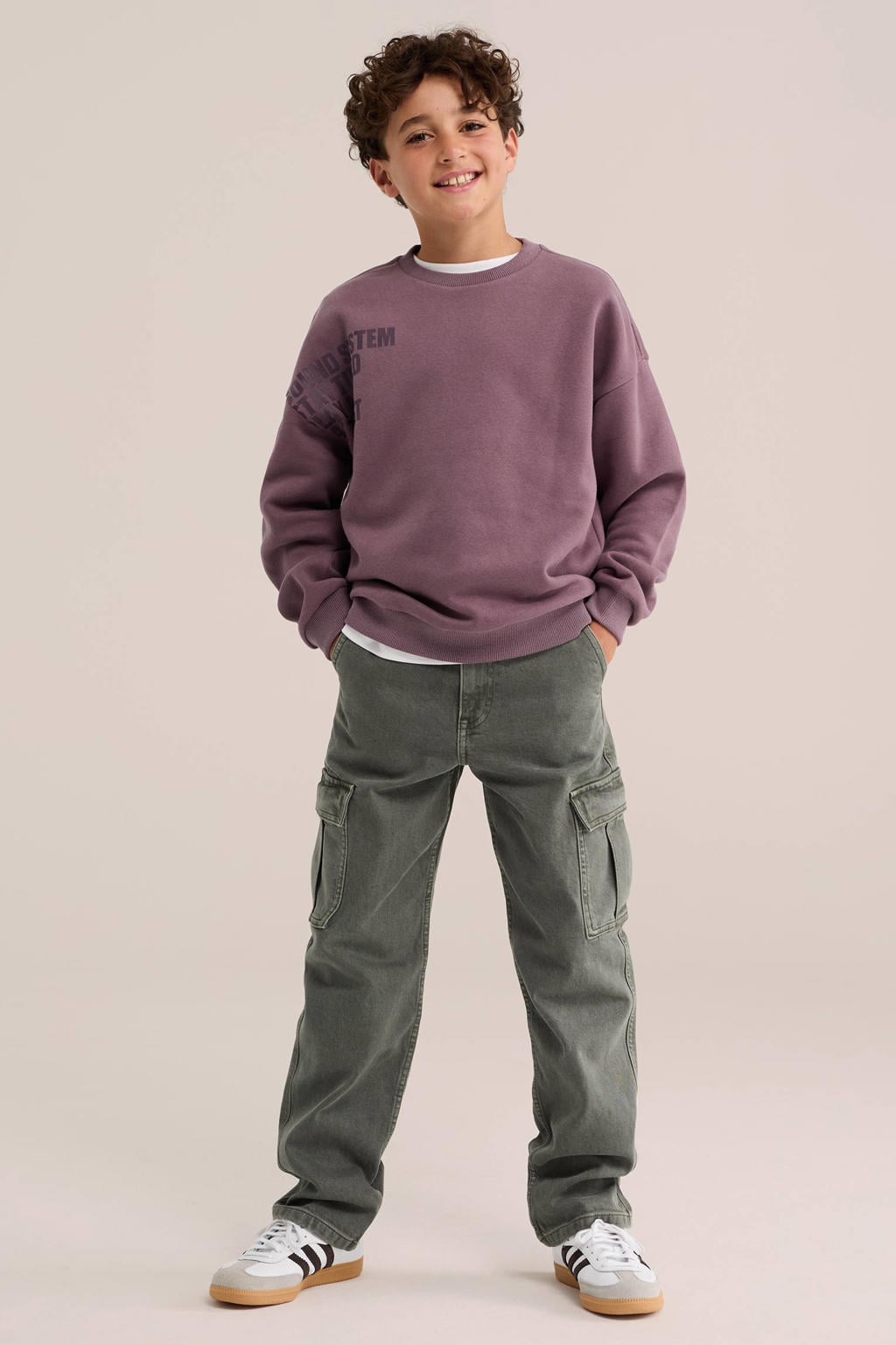 Violetkleurige jongens WE Fashion Blue Ridge sweater met backprint, lange mouwen, ronde hals en geribde boorden