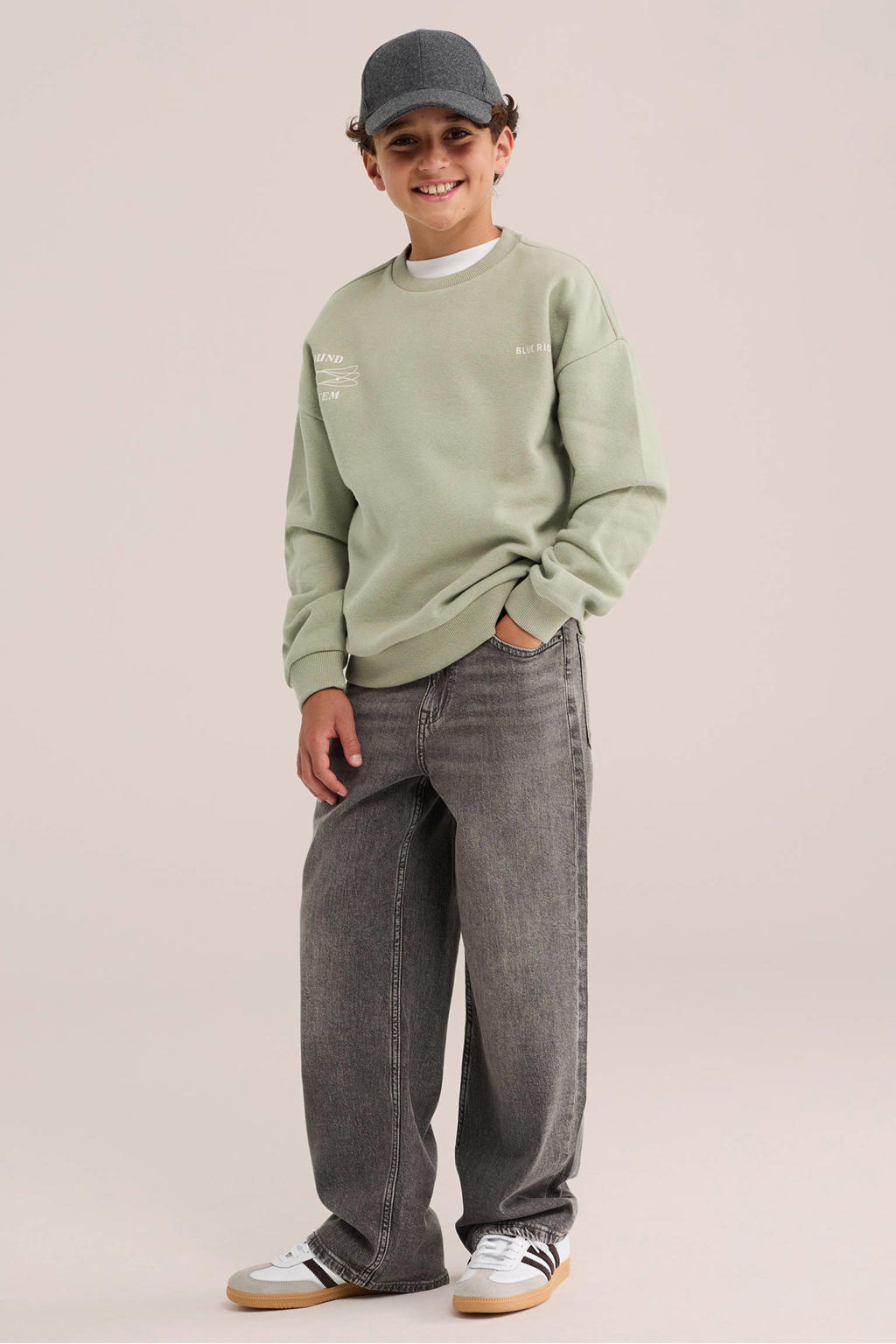 Lichtgroene jongens WE Fashion Blue Ridge sweater met backprint, lange mouwen, ronde hals en geribde boorden