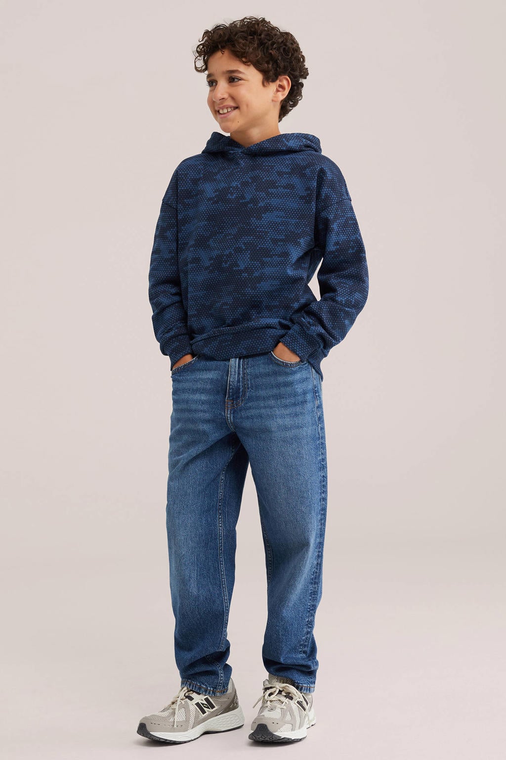 Blauwe jongens WE Fashion junior hoodie van sweat materiaal met lange mouwen en capuchon